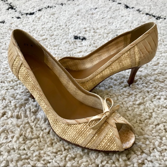 Stuart Weitzman Toesie Cream Raffia Peep Toe Heels - Picture 6 of 7